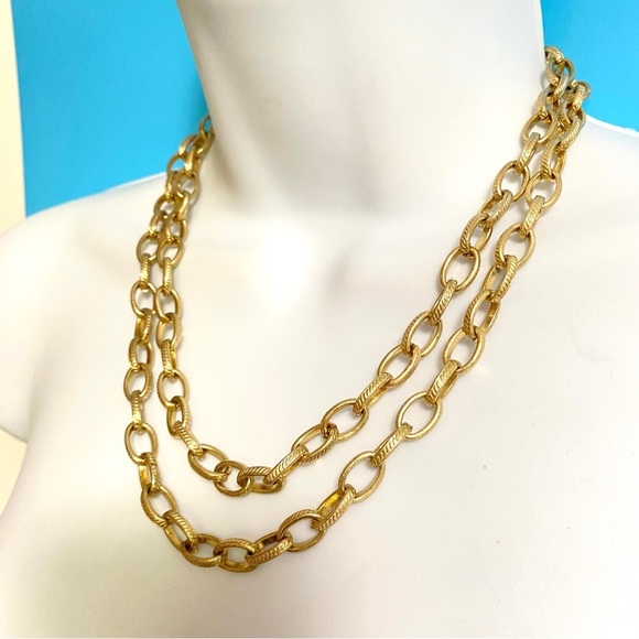 Gold Tone Double Strand Texture Link Necklace - Picture 1 of 8